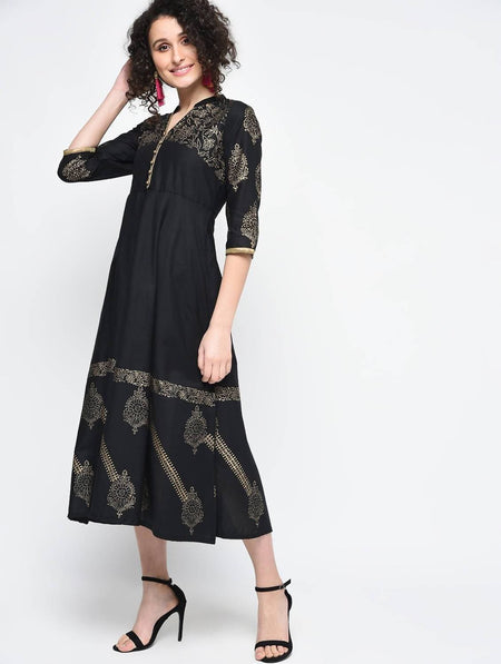 Cheera Hand Block Print Black Anarkali Party Wear Kurta