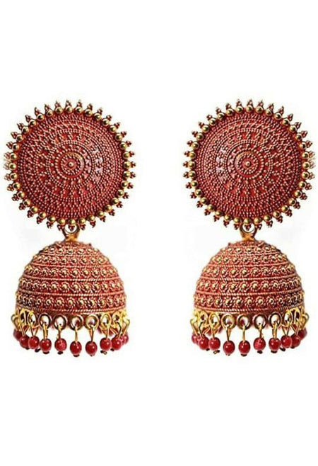 Mominos Fashion Joharkamal Gold-Polished Meenakari Jhumkas For Women & Girls (Red)