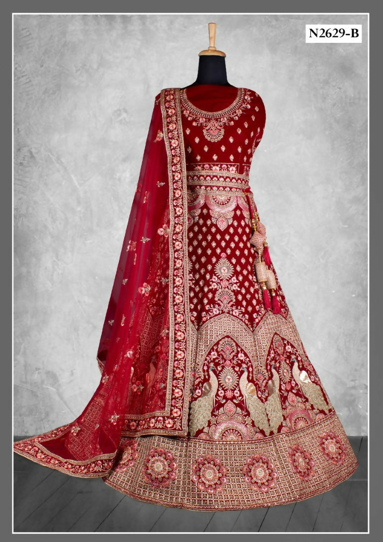 Maroon Velvet Zardosi Work With Pure Mirror Work Lehenga Choli - Nimaya Tyohar