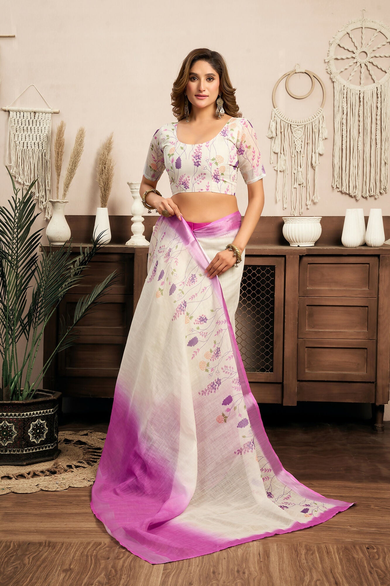 Vastranavya White Lavender Digital Printed Linen Ready To Wear Designer Saree with Unstitched Blouse - Distacart
