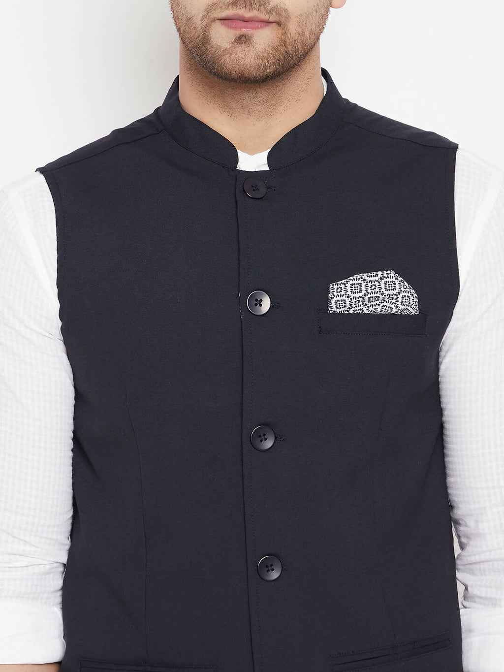 Even Apparels Navy Merino Men's Nehru Jacket-Contrast Lining-Inbuilt Pocket Square - Distacart