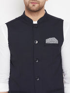 Even Apparels Navy Merino Men's Nehru Jacket-Contrast Lining-Inbuilt Pocket Square - Distacart