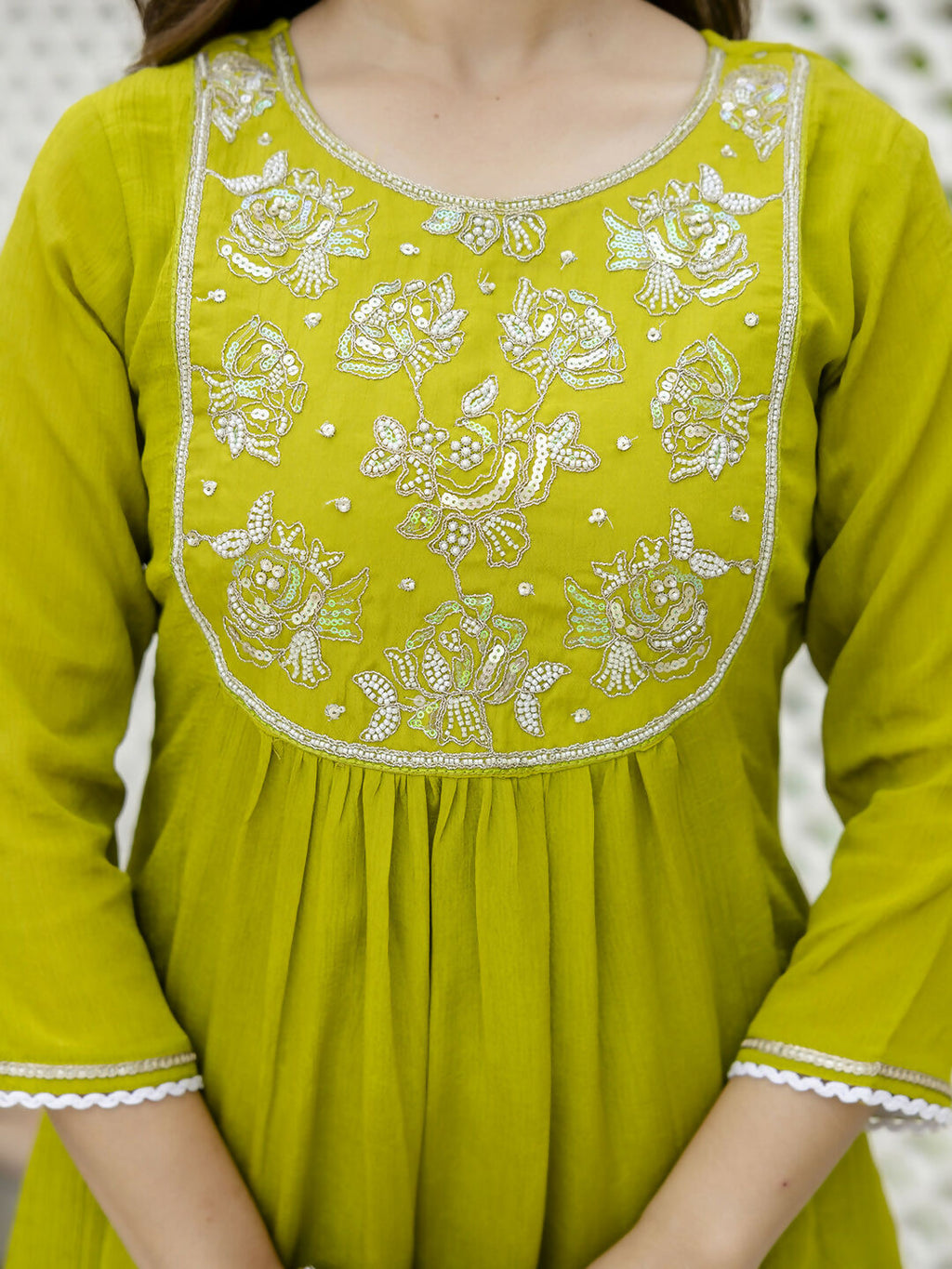 The52 Liril Women's Beautiful Embroidered work Chinon Fabric with Flared Kurta, Pant and Dupatta Set - Distacart