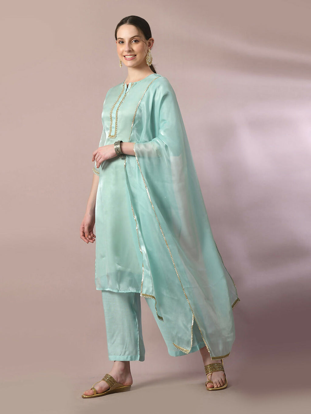 Myshka Women's Sea Green Solid Straight Party Kurta Set With Dupatta