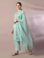 Myshka Women's Sea Green Solid Straight Party Kurta Set With Dupatta