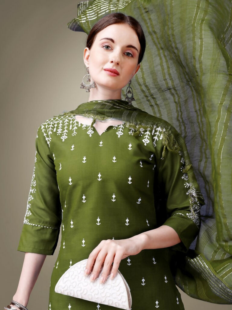 Jyoti Fashion Women's Mehendi Cotton Blend Embroidery & Sequence work Kurta with Trouser & Dupatta