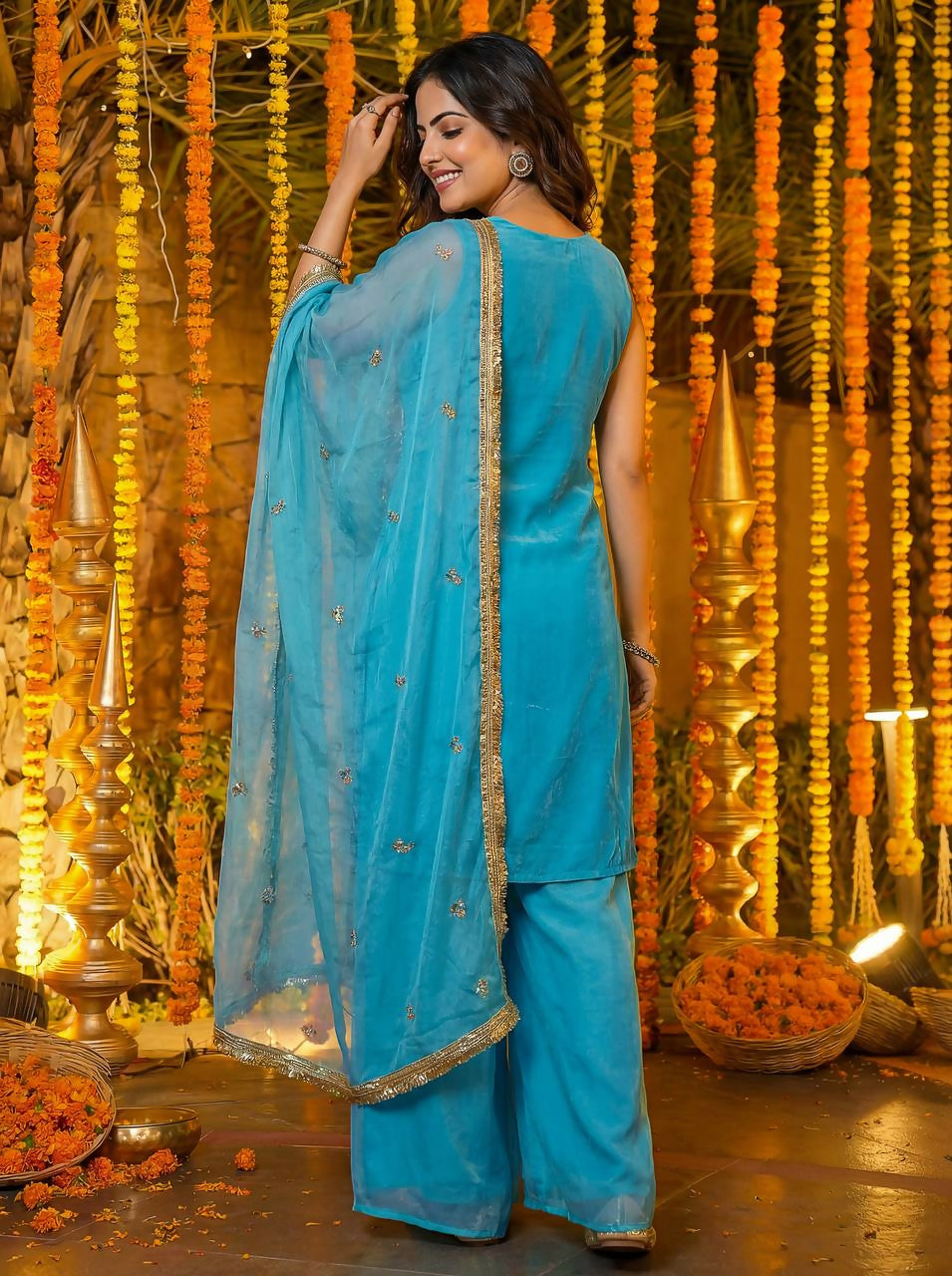 Joban Fashion Blue Silk Embroidered Sharara Set - Distacart