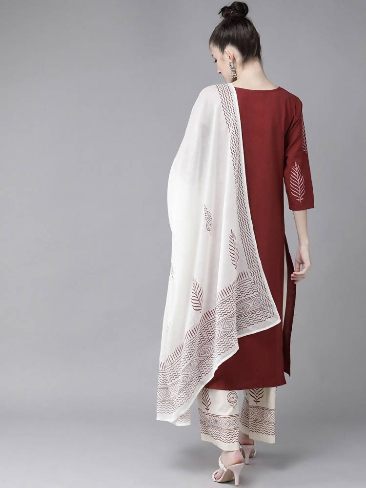 Yufta Maroon & Off White Embroidered Dupatta Set