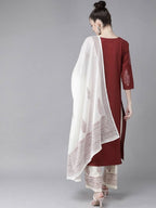 Yufta Maroon & Off White Embroidered Dupatta Set