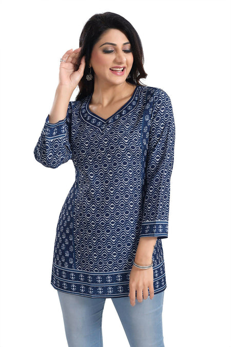 Snehal Creations Bright Indigo Summer Cool Printed Short Kurti Tunic