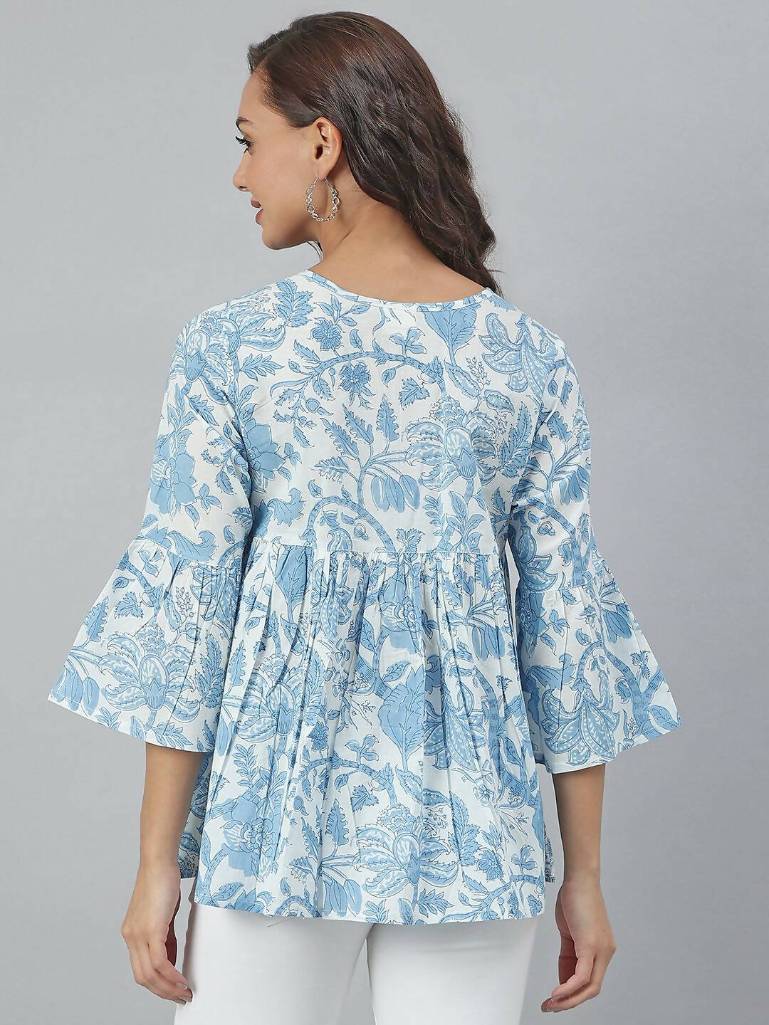Janasya Women's White Cotton Floral Print Tiered Top - Distacart
