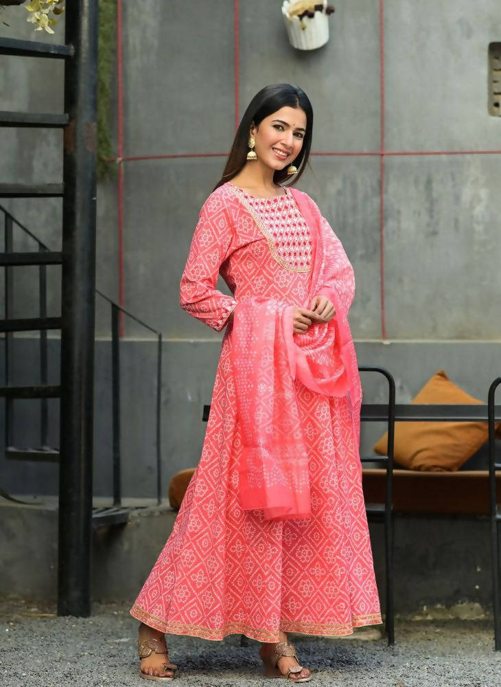 Yufta Women Pink Handblock Printed Kurta with Trouser & Dupatta