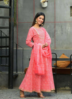 Yufta Women Pink Handblock Printed Kurta with Trouser & Dupatta