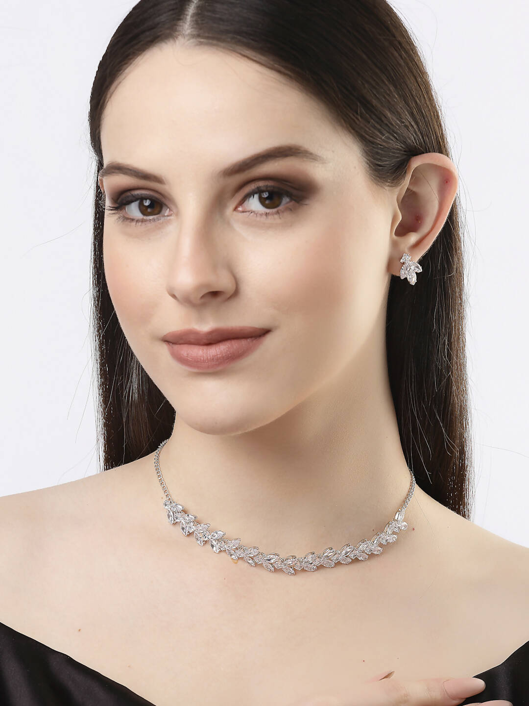 NVR Women Silver-Plated American Diamond Jewellery Set Necklace & Earrings - Distacart