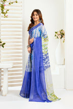 Vastranavya Blue Digital Printed Linen Ready To Wear Designer Saree with Unstitched Blouse - Distacart