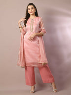 Myshka Women's Pink Solid Straight Party Kurta Set With Dupatta