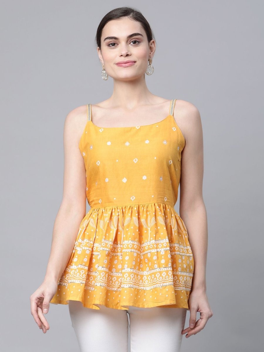 Ahalyaa Women Mustard Pure Cotton Porcian Print Shoulder Straps Tunic - Distacart