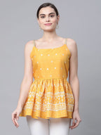 Ahalyaa Women Mustard Pure Cotton Porcian Print Shoulder Straps Tunic - Distacart
