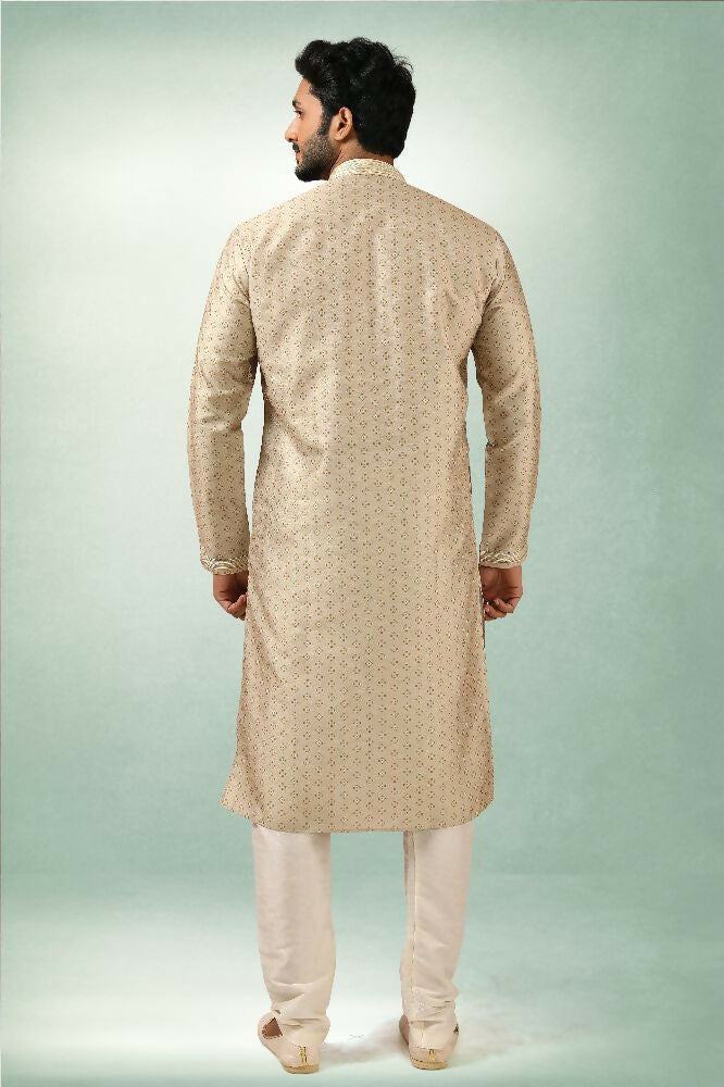 Raivat Ethnic Art Silk Printed Work Kurta Pajama In Beige Colour