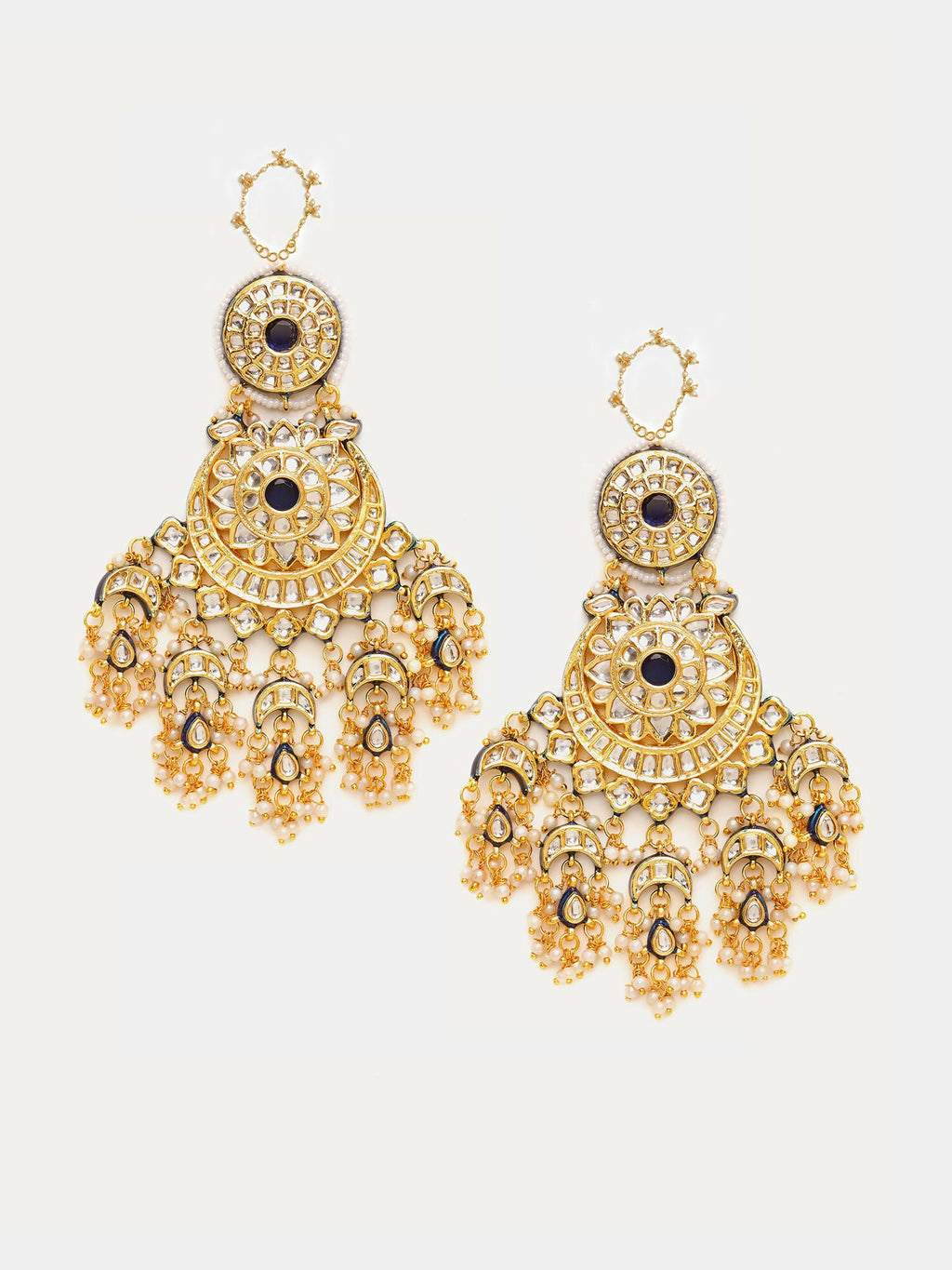 Ruby Raang 22k Gold Polished Kundan Chand Earrings With Ear Chains - Distacart