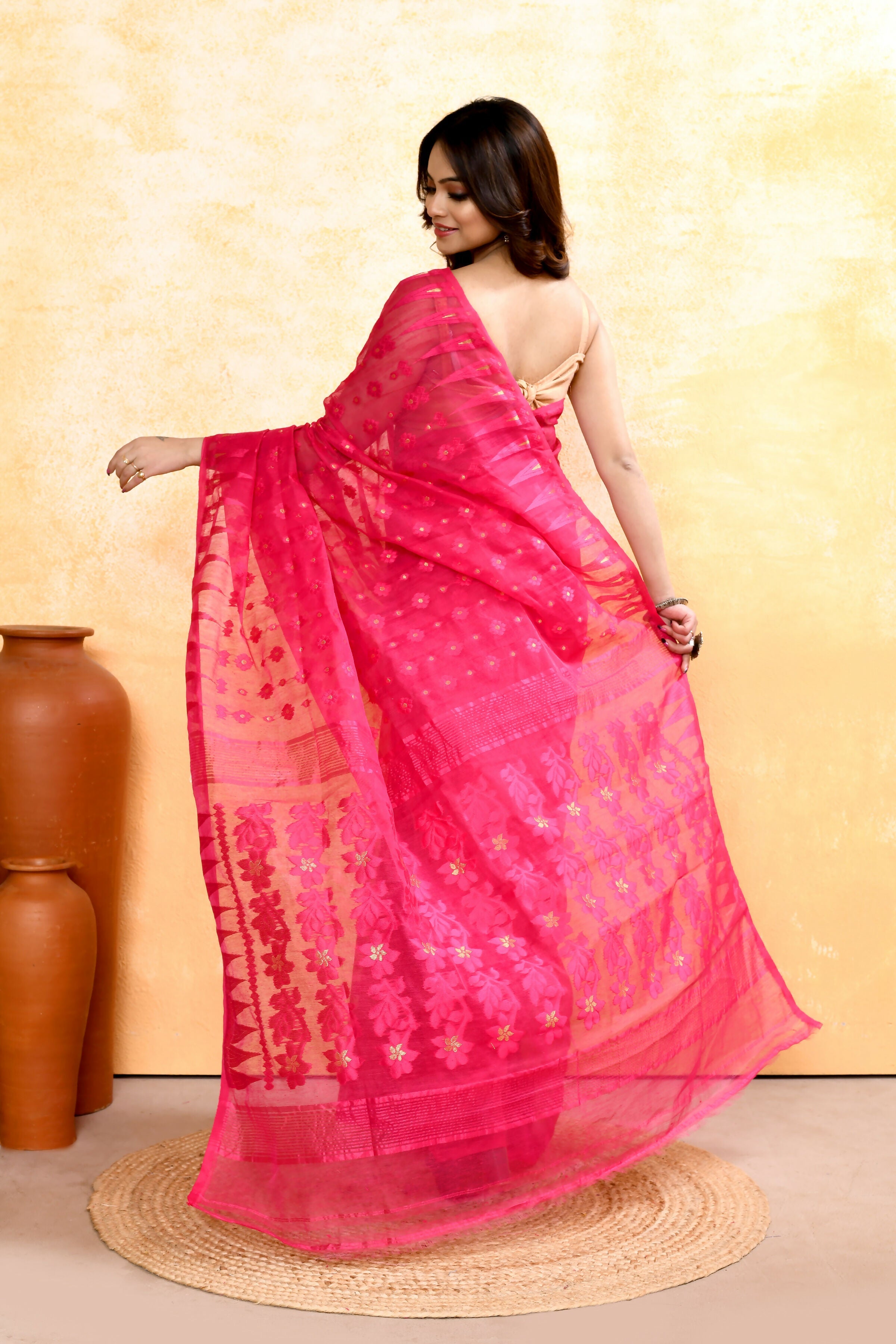 Piyari Fashion Women's Rani Pink Embellished Cotton Blend Jamdani Saree - Distacart
