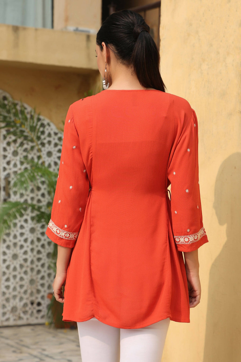 Juniper Women's Orange Rayon Crepe Embroidered Tunic - Distacart