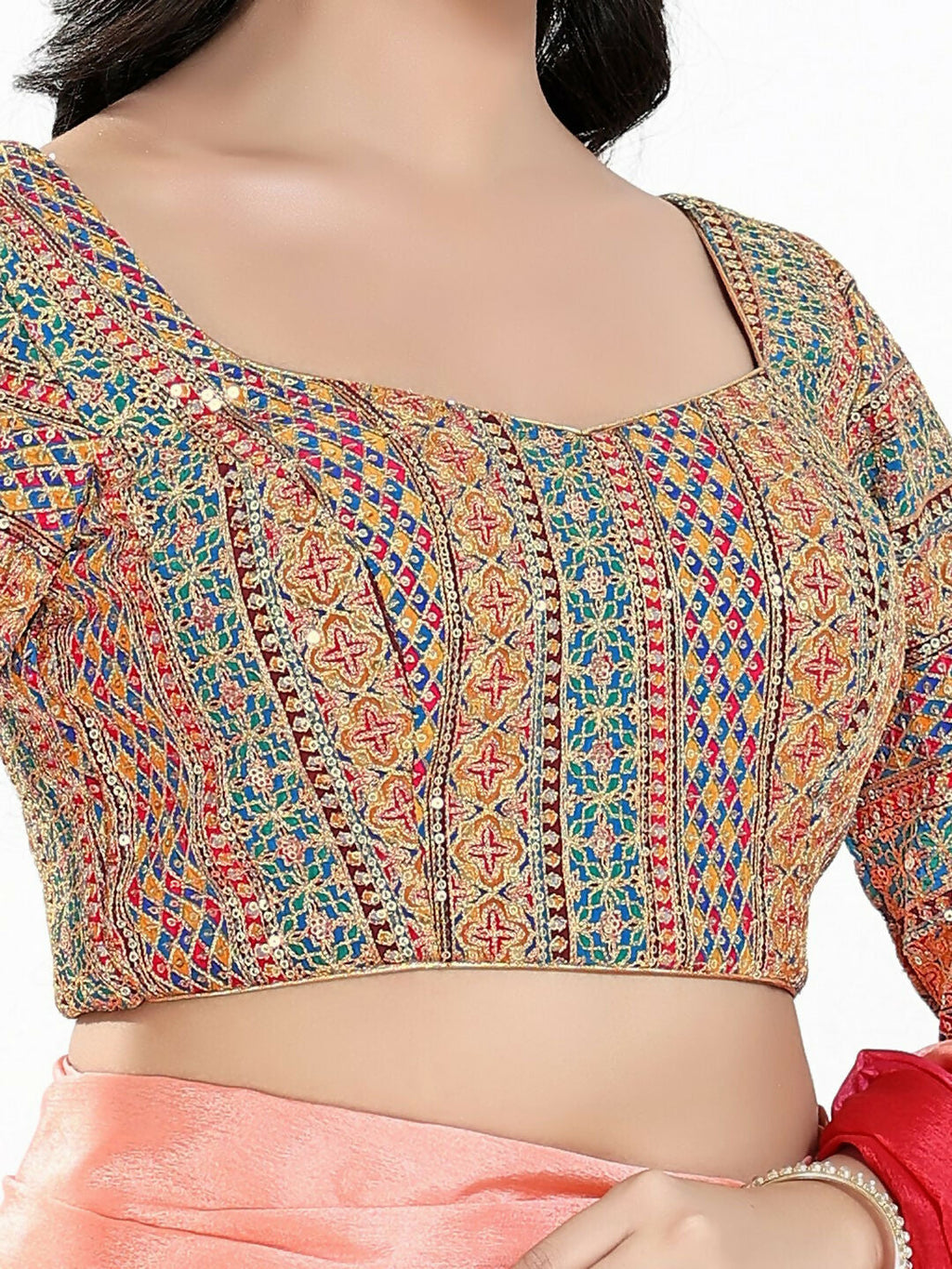 Joban Fashion Blue Multi Silk Padded Blouse With Sweetheart Neck 3/4 Sleeves - Distacart