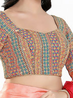 Joban Fashion Blue Multi Silk Padded Blouse With Sweetheart Neck 3/4 Sleeves - Distacart