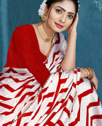 Red Japan Satin Stripe Printed Saree With Unstitched Blouse Piece - Laavanya