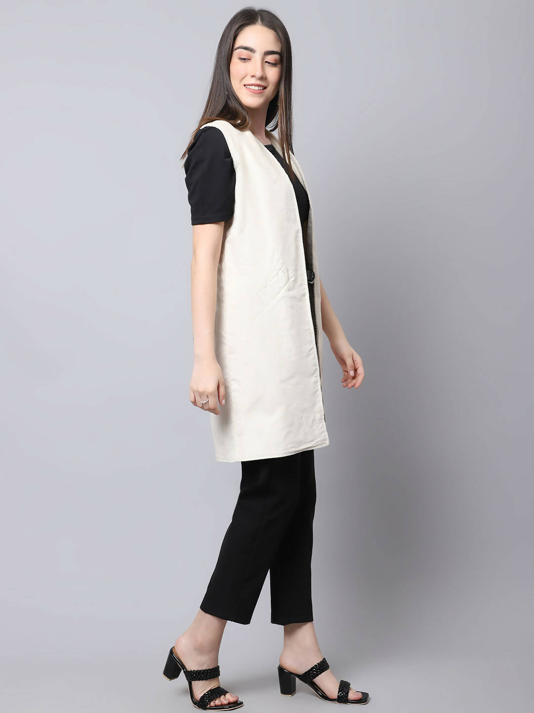 Even Apparels White Polywool Open Front Corduroy Women's Long Coat
