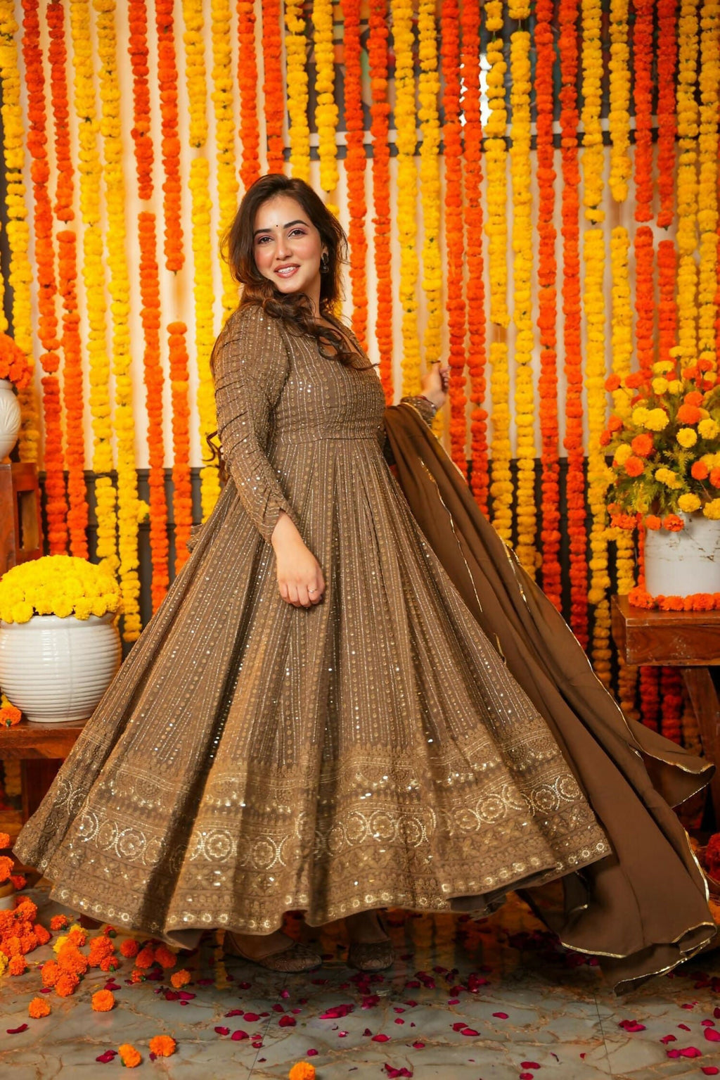 Aayaa Designer Embroidery Zari Sequins Work Faux Blooming Georgette Suit - Brown - Distacart