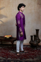 Falling Raw Silk Purple Mayura Cham Set By Hilo Design