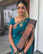 DEIANA'S Beautiful Designer Golden zari Soft Lichi Silk Saree - Blue