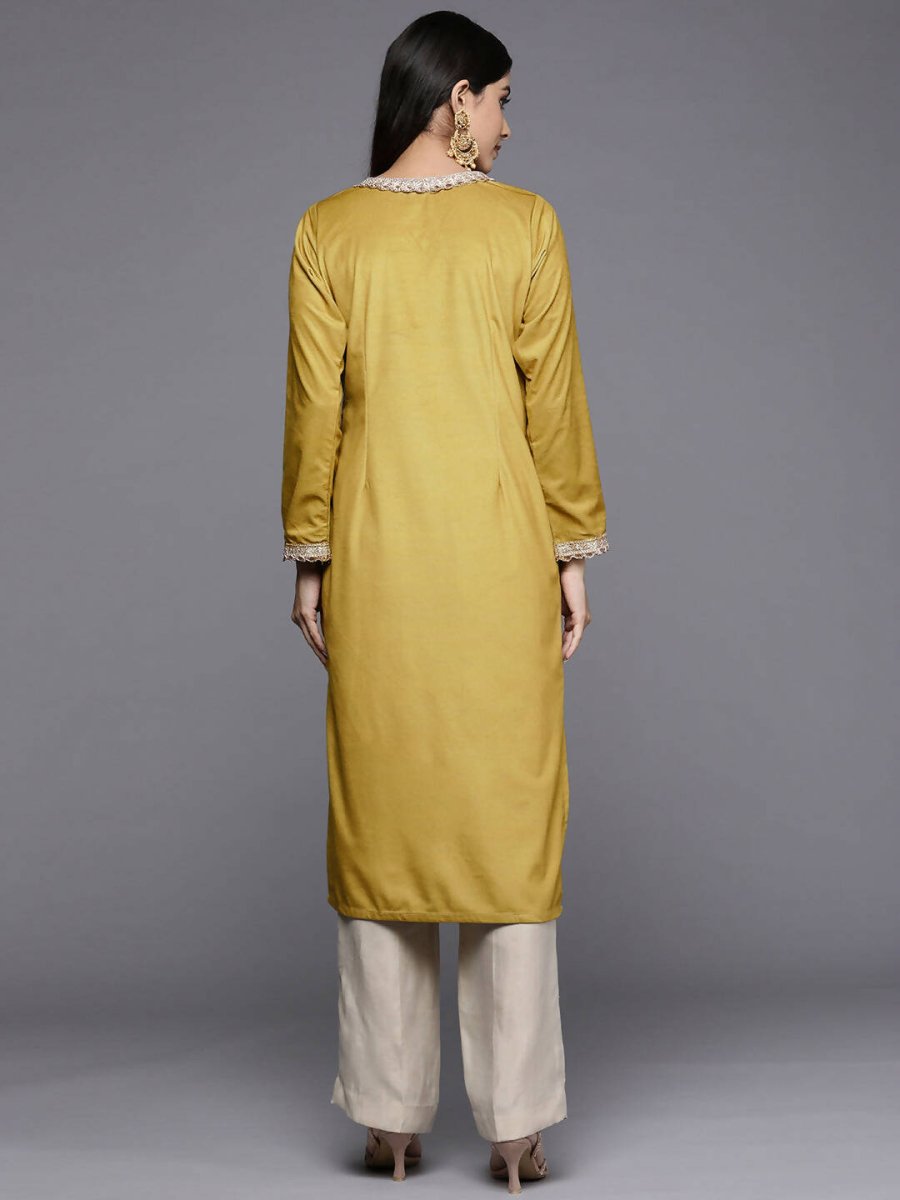 Ahalyaa Women Mustard Yellow & Golden Ethnic Motifs Yoke Design Velvet Kurta - Distacart