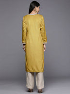 Ahalyaa Women Mustard Yellow & Golden Ethnic Motifs Yoke Design Velvet Kurta - Distacart