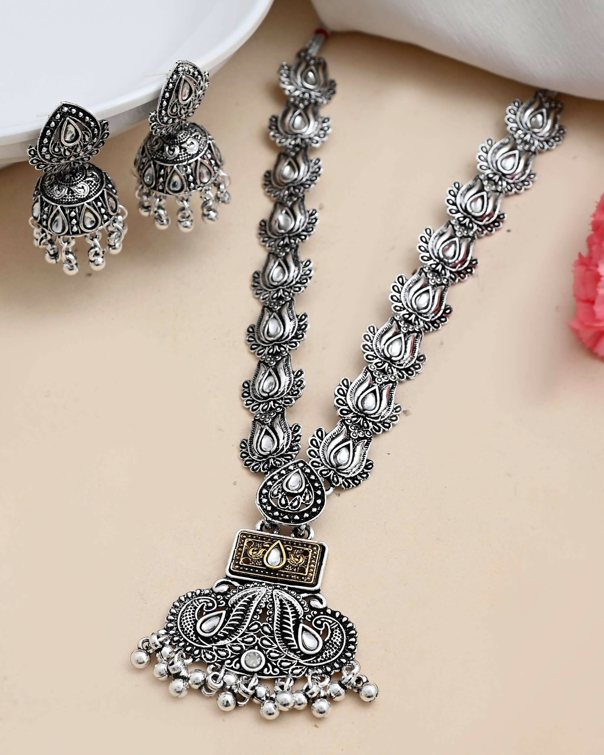VOJ Dual Toned Oxidized Necklace With Earrings Set