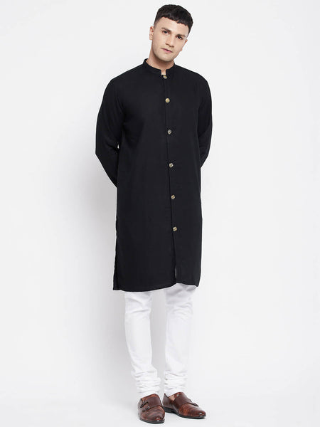 Even Apparels Black Pure Cotton Men's Sherwani Kurta With Open Front