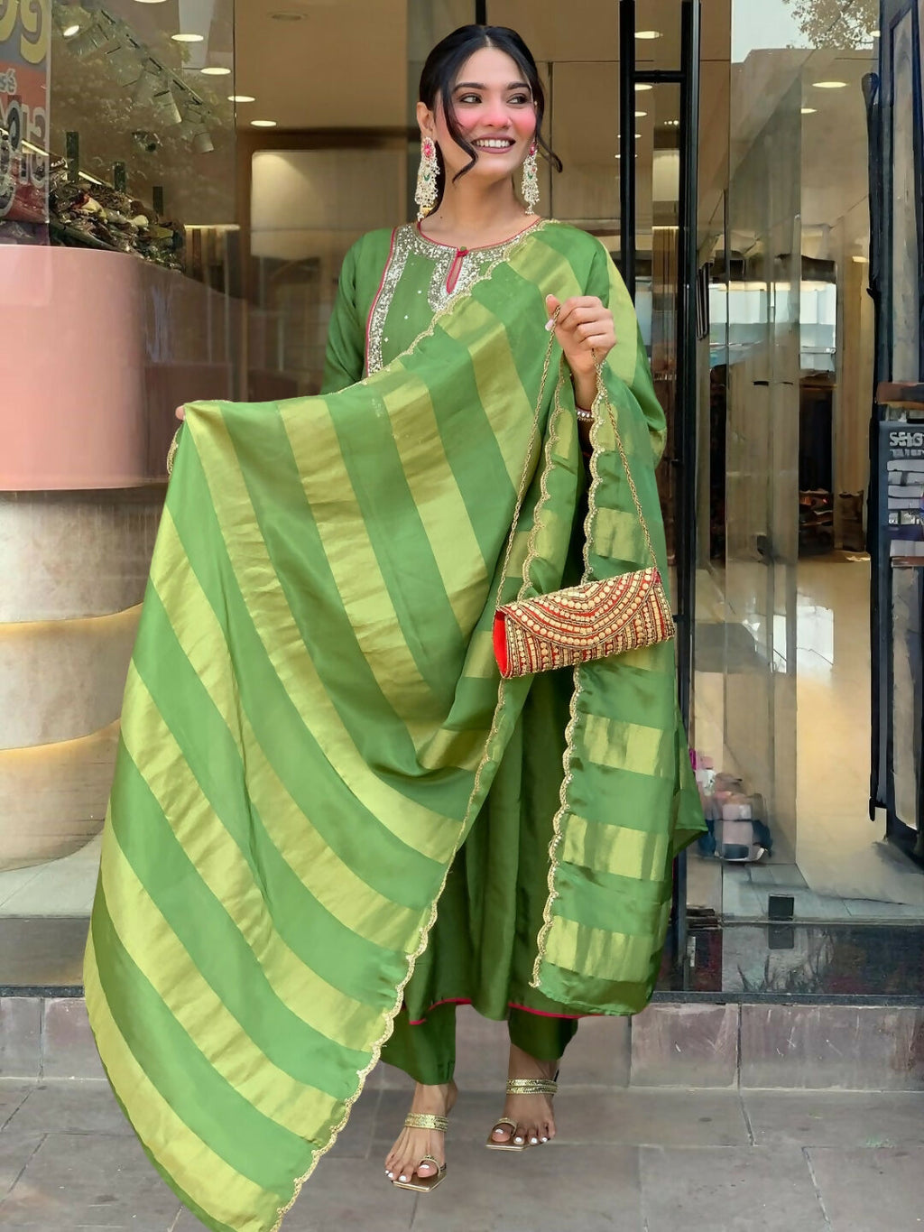 The52 Light Green Women's Gorgeous Embroidered Work Chanderi Fabric Flared Kurta Pant and Dupatta Set - Distacart