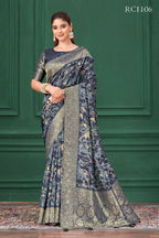Blue Tussar Silk Jacquard Abstract Digital Print Saree with Unstitched Blouse - Mohira