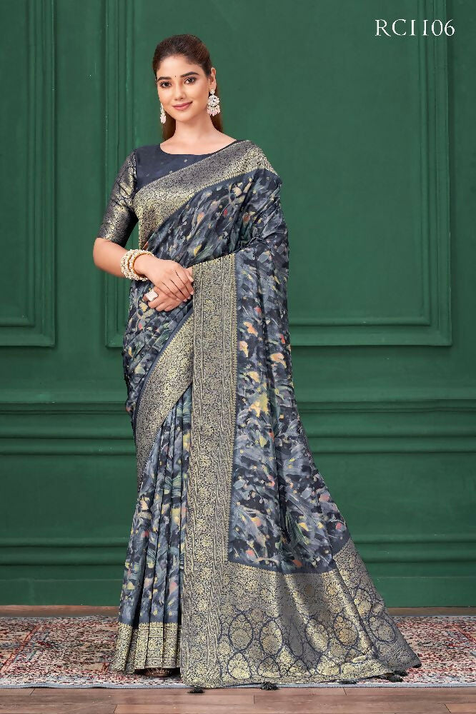 Blue Tussar Silk Jacquard Abstract Digital Print Saree with Unstitched Blouse - Mohira