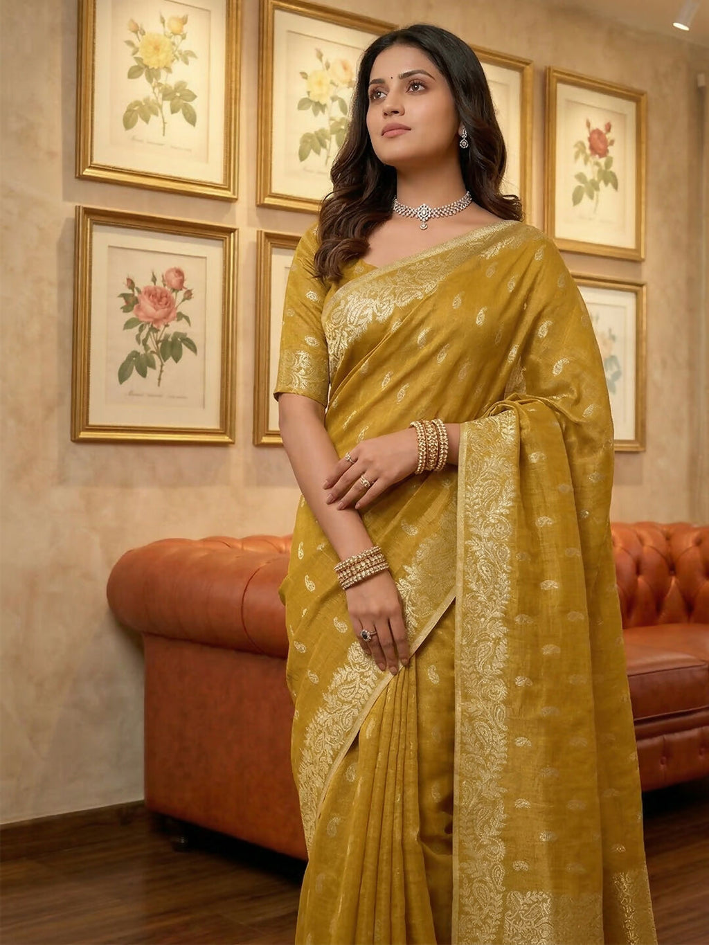 Shree Shyam Fashion Mustard Tissue Silk Saree - Distacart