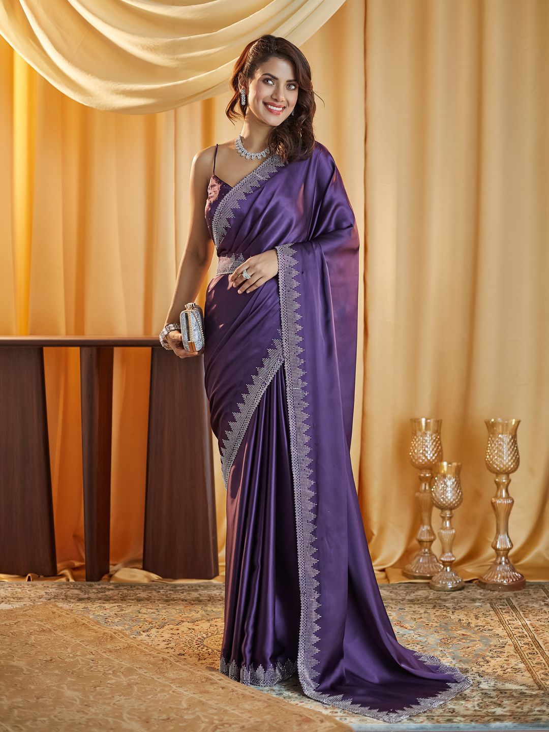 kasee Beads and Stones Satin Saree - Distacart