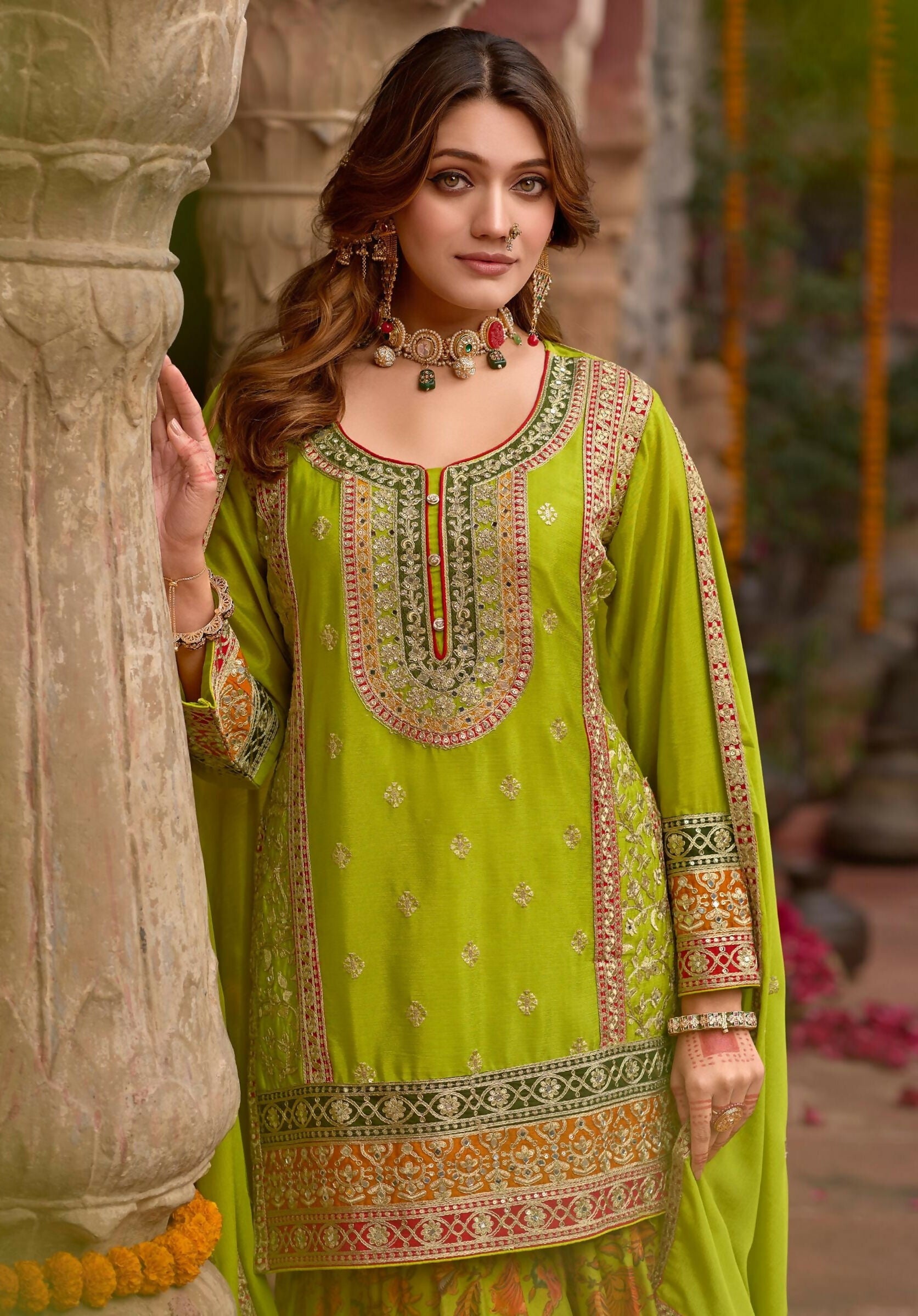 Anaita Parrot-Green Chinon Readymade Palazzo Suit with Codding Dori & Sequence Work - Distacart