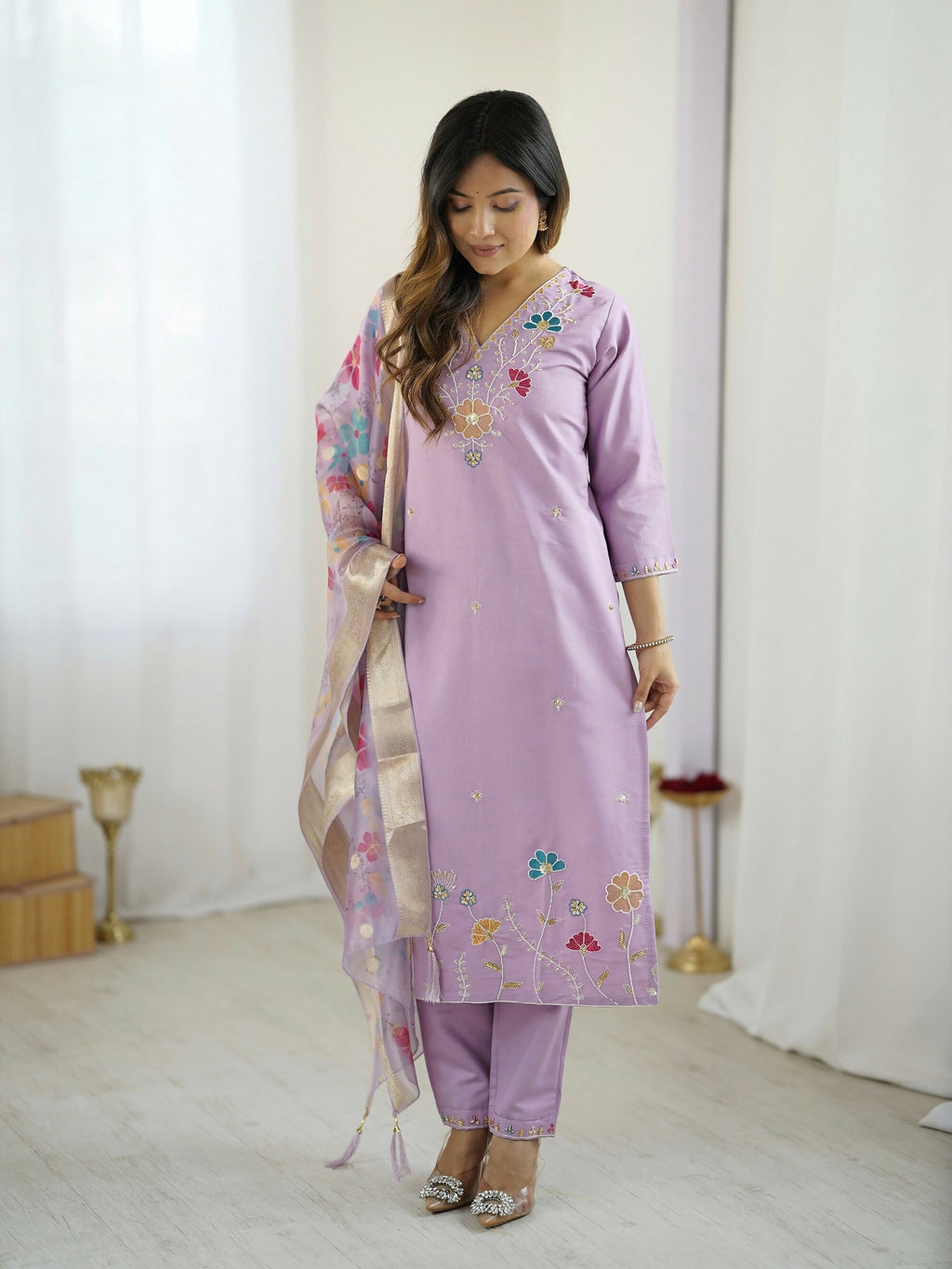 The52 Lavender Women's Gorgeous Embroidered work Viscose Gadhwal Fabric Straight Kurta, Pant and Dupatta Set - Distacart
