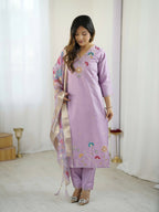 The52 Lavender Women's Gorgeous Embroidered work Viscose Gadhwal Fabric Straight Kurta, Pant and Dupatta Set - Distacart
