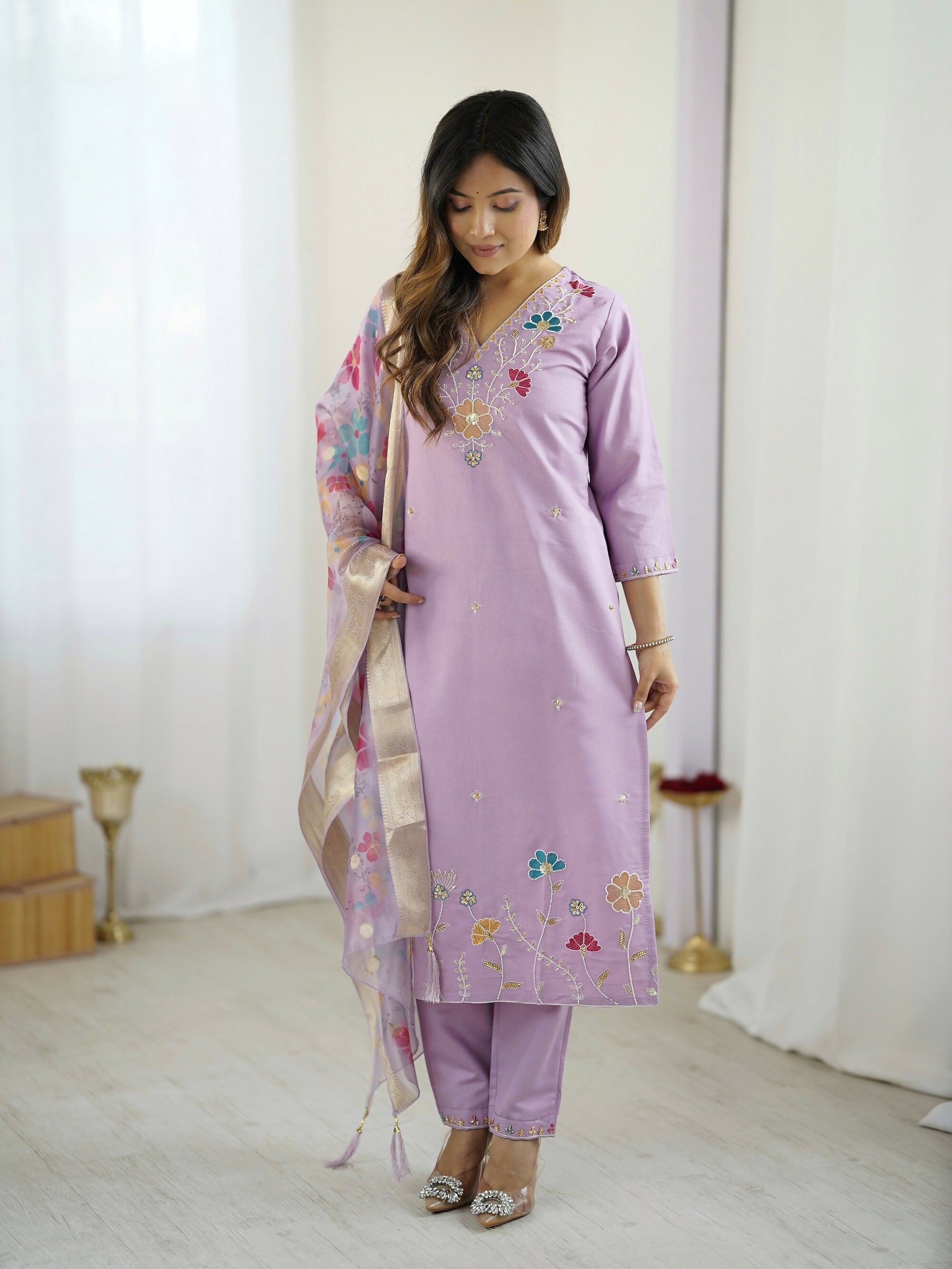 The52 Lavender Women's Gorgeous Embroidered work Viscose Gadhwal Fabric Straight Kurta, Pant and Dupatta Set - Distacart