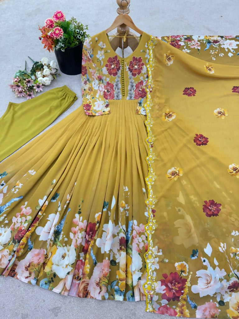 Teeya Creation Yellow Color Faux Georgette Printed Party Wear Gown - Distacart