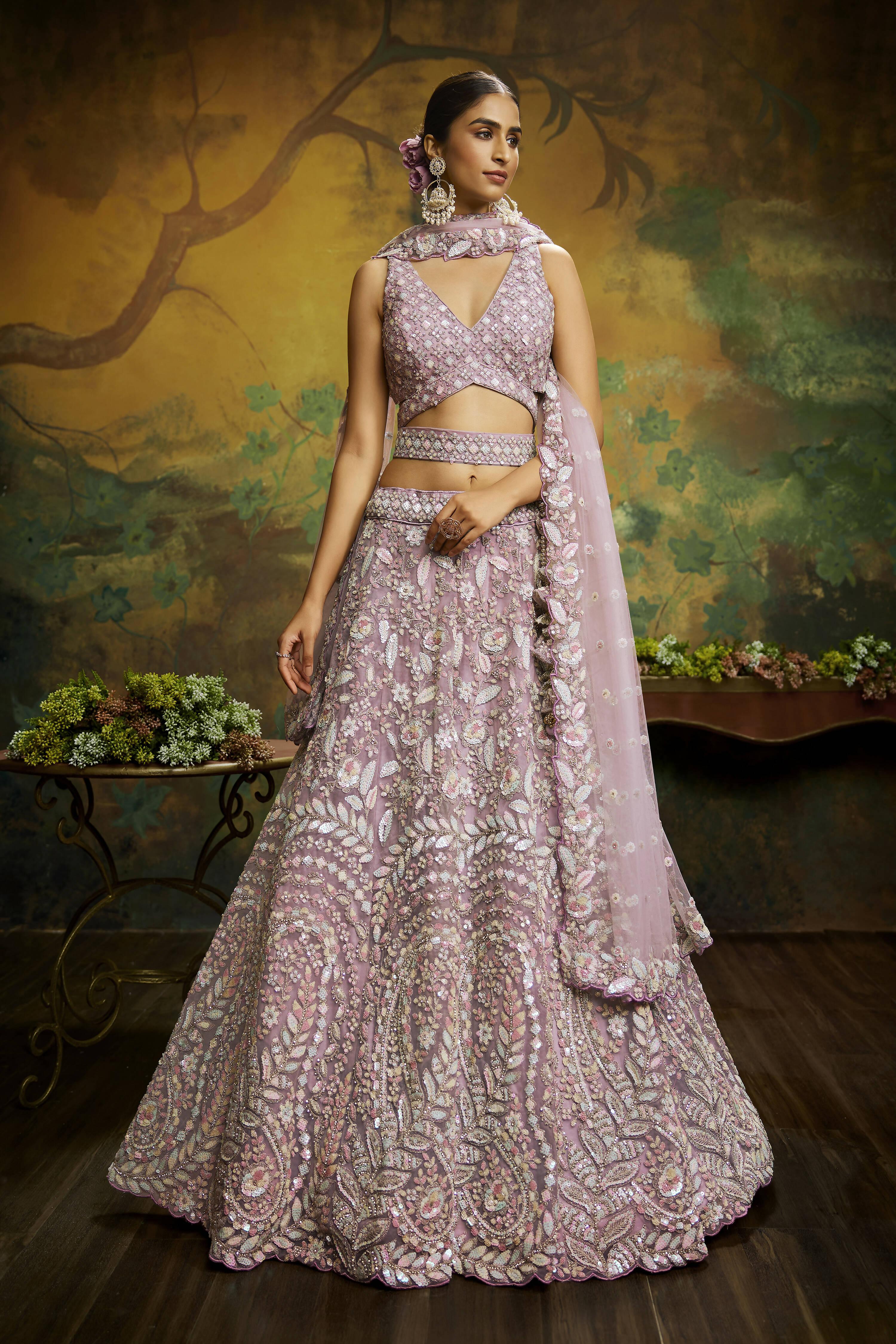 House of Panchhi Mauve Net Multi Sequins with heavy Zarkan embroidery Lehenga choli & Dupatta