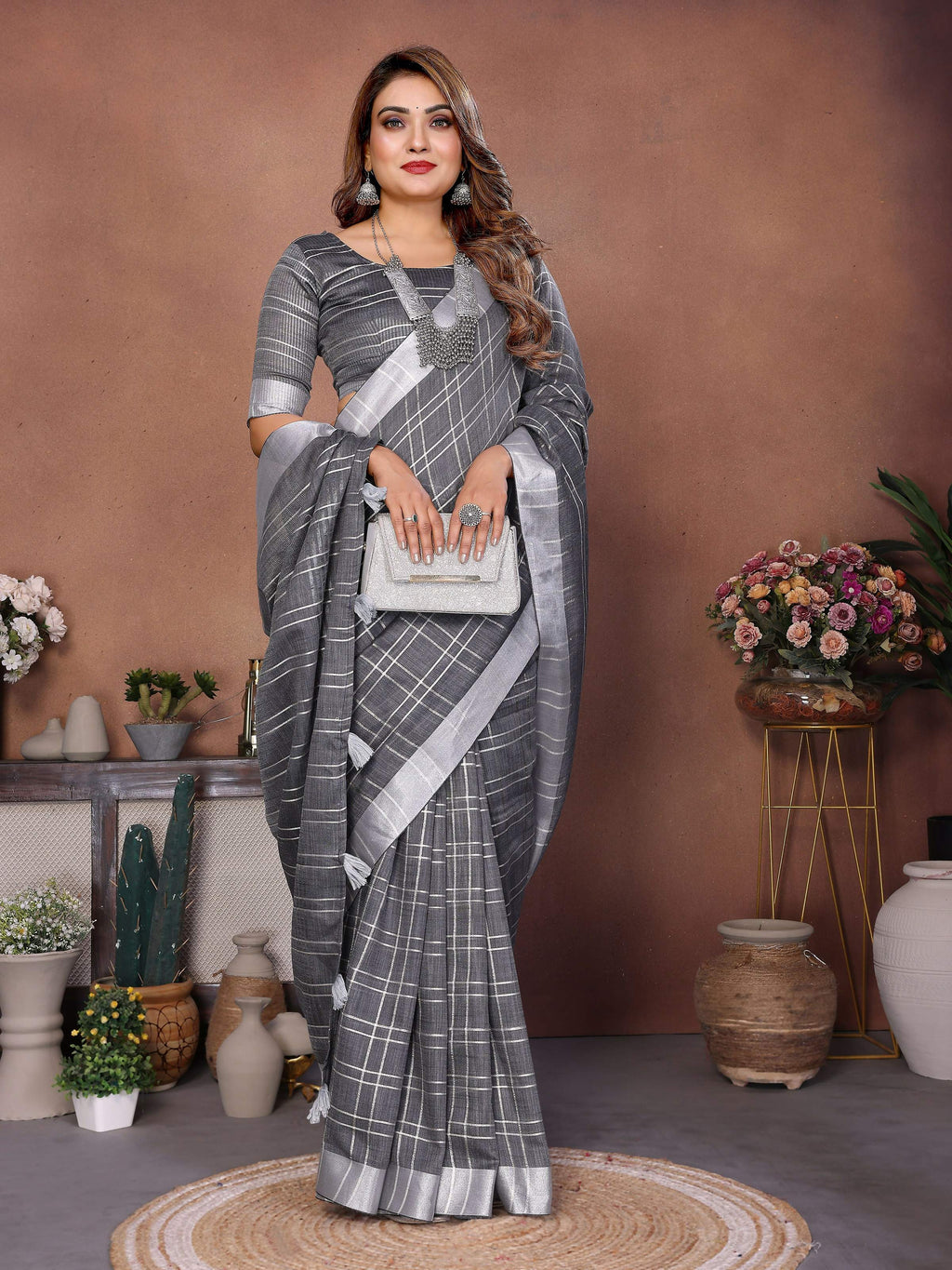 Aastha Fashion Grey Linen Weaving Saree - Distacart