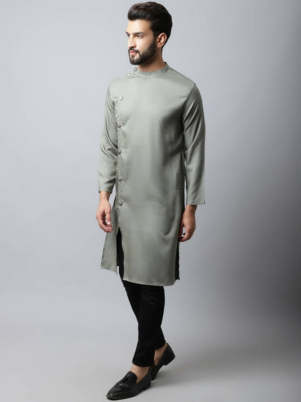 Even Apparels Grey Color Pure Cotton Sherwani Men's Kurta With Asymetrical Cut (SLD1181) - Distacart